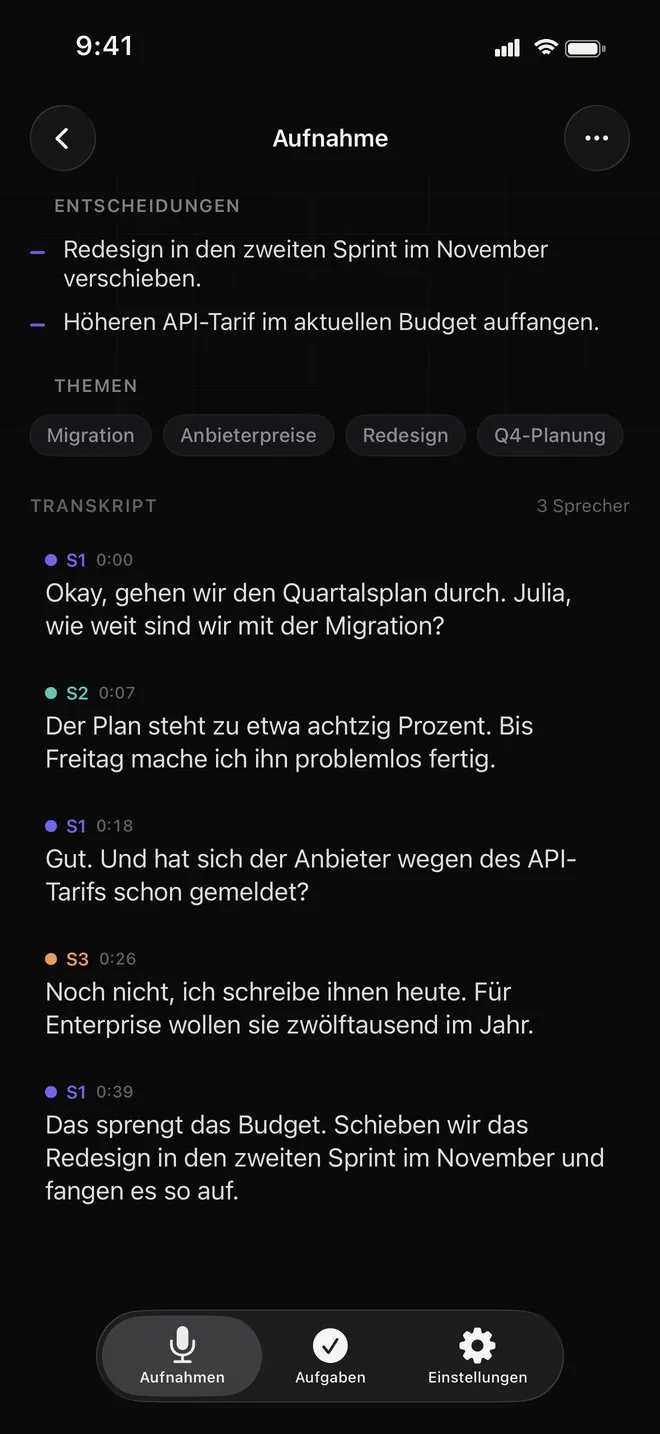 Entscheidungen, Themen und das Transkript des Roadmap-Reviews: jede Zeile mit S1, S2 oder S3 in der Farbe des Sprechers markiert und mit Zeitstempel