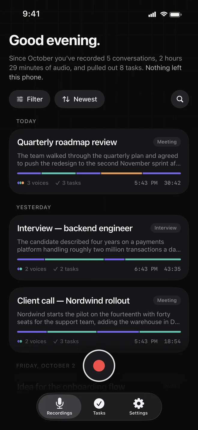 Voca Recordings screen: a quarterly roadmap review, a backend engineer interview and a client call, each with a short summary, a coloured strip of who spoke when, the number of voices and tasks, and the length