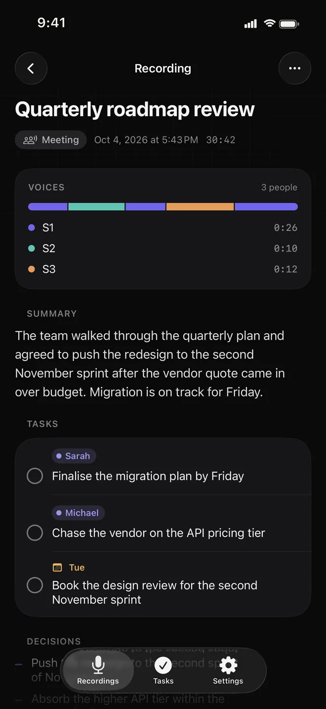 A recording opened: a voices block with three speakers and their talk time, a summary of the meeting, and tasks with owner chips for Sarah and Michael and a due day