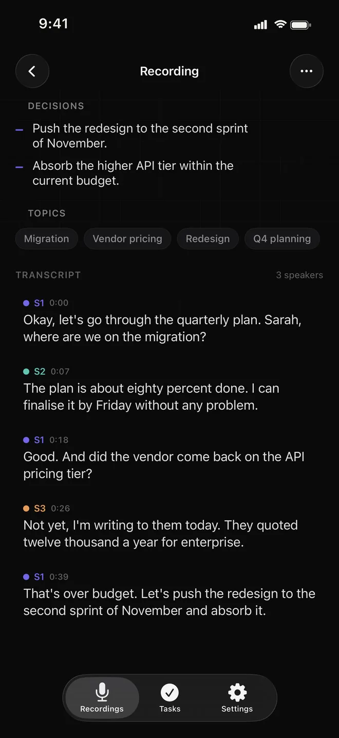 Decisions, topics and the transcript of the roadmap review: each line marked S1, S2 or S3 in its speaker's colour with a timestamp